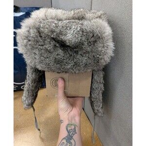 Vintage Mad Bomber Natural Rabbit Fur Trapper Hat XL Grey Brown Quilted Lining